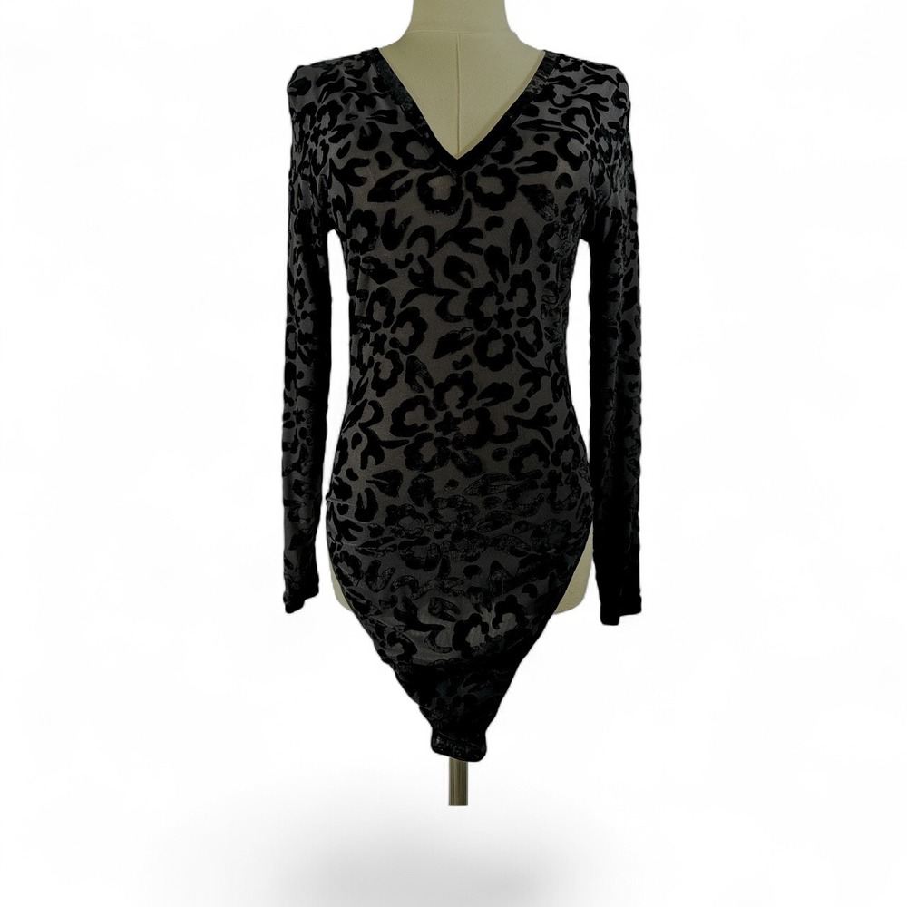 Black Burnout Devore Velvet Floral Pattern Bodysuit Long Sleeve V-Neck Small EUC